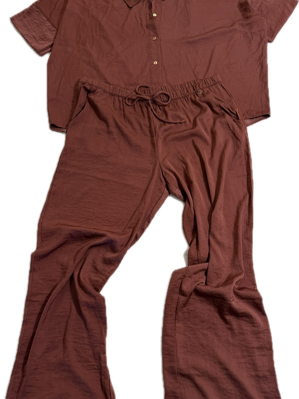 Midnight Bakery | Satin Short Sleeve Collar Long Pajamas Chocolate Rosewood